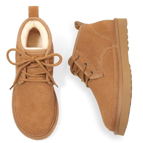 Litfun Fur Lined Ankle Boots for Women Genuine Suede Mini Booties Short Lace Up Snow Boots, Chestnut 40 (size 9)