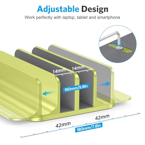 Image of OMOTON Vertical Laptop Stand [Updated Double Version], Desktop Aluminum Mac Book Stand with Adjustable Dock Size, Fits All Mac Book, Surface, Chrome Book and Gaming Laptops (Up to 17.3 inch), (Citron)
