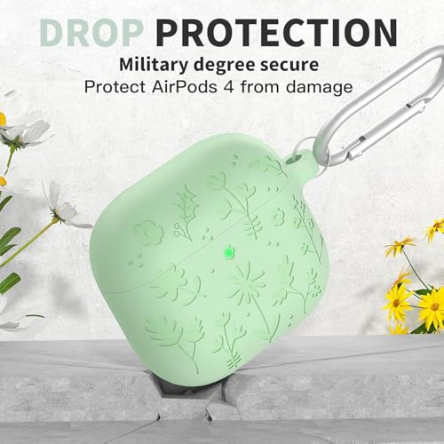 Image of New Engraved Soft Silicone Case Compatible with Apple AirPods 4 Generation (2024) with Keychain, Full 360 Protection Dust-Proof Shockproof Case Cover (Cover Only) (Grass Green)