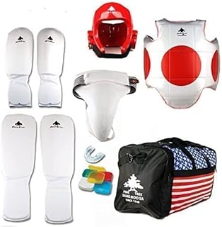 Pine Tree Complete Cloth Martial Arts Sparring Gear Set with Bag & Groin, Small Red Headgear, Child Small Other Gears Male