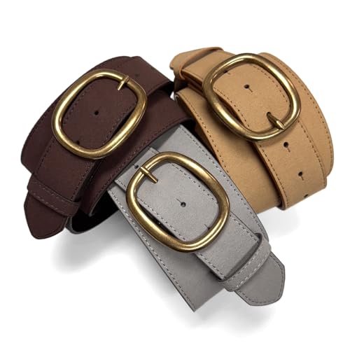 Rounded Edge & Antique Gold Oval Buckle Casual Jean Suede Leather Belt 1-1/2"(38mm) or 1"(25mm) Wide2