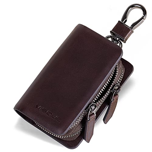 VISOUL Echt Leder Autoschlüssel Abdeckung Schlüsseltasche Auto-Schlüssel-Anhänger Antik Vintage Doppelter Reißverschluss Karabienerhacken Tasche Kaffee-E01 Cover