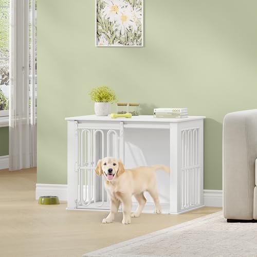 HEXCELEN Hundekäfig-Möbel aus Holz, 81 cm Hundebox für Zuhause, Hundekäfig mit 2 Türen, Schiebetüren, für Kleine, Mittlere Hunde, Robuster, Beistelltisch, 81 × 55 × 62,4 cm, Weiß