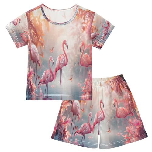 senya Short Sleeve Pajamas Sets Summer Cotton Sleepwear Cartoon Of Pink Flamingos