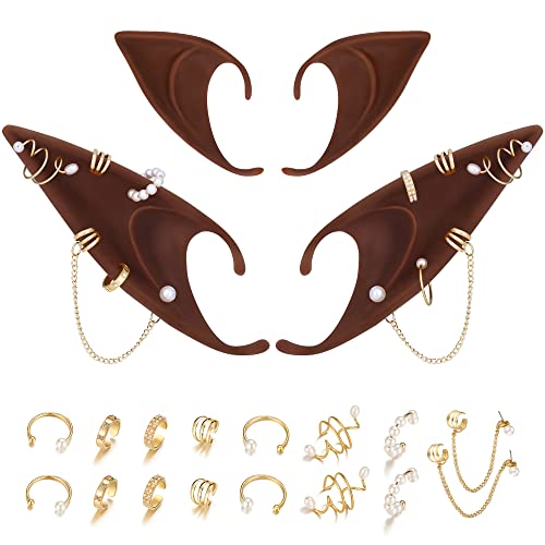 FRESHME Renaissance Elf Ears with Piercings - Cosplay Brown Fairy Pixie Ears with Pearl Earrings Chain Set Non Pierced Ear Clips for Women Christmas Halloween Renaissance Photoshoot