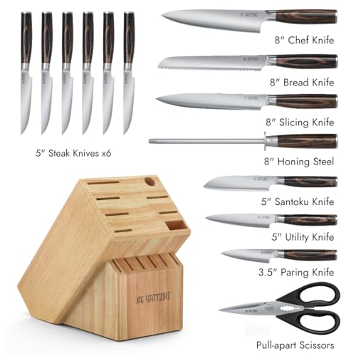 Image of Yatoshi 15 Piece Knife Block Set - Pro Kitchen Knife Set Ultra Sharp High Carbon Stainless Steel with Ergonomic Handle