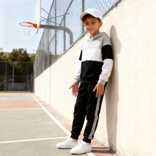 Image of 5-11Y Boys Clothes Long Sleeve Hooded Pullover Colorblock Sweatshirt + Pants 2pcs Fall Winter Outfit Set