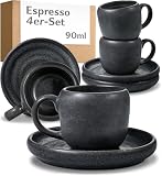 Cosumy 4er Espressotassen Set mit Untertassen Schwarz – 90 ml Keramik Espresso Tassen Set – Hält lange warm dank dickwandigem Steingut – Elegante Kaffeetassen mit handglasierter Oberfläche