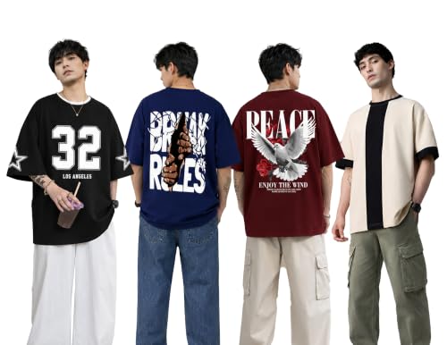 Image of AUSK Mens Loose Fit Oversized Printed Cotton T-Shirts Half Sleeve Drop Shoulder Men Tshirt