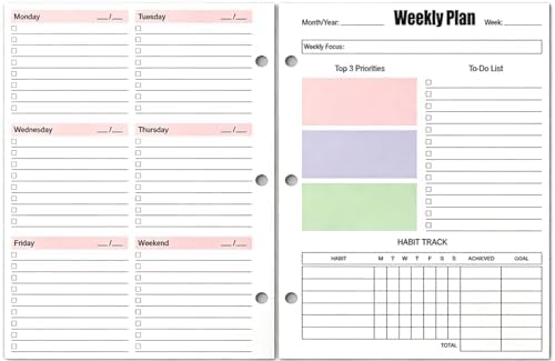 A4 Undated Weekly Planner Refills - 53 Sheets/106 Pages Letter size Weekly Planner for 3 Ring Binders, 100 gsm Paper, Lasts 1 Year, 8.5'' x 11'' image 3