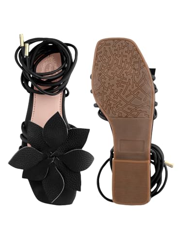 Image of Shoetopia Elegant Flat Sandals with Floral Detail | Chic Lace-Up Straps | Comfortable Summer Footwear for Women