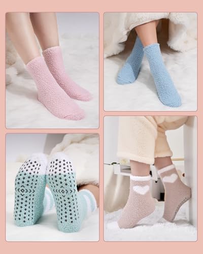 SukModen Kuschelsocken Stoppersocken Damen 6 Paar, Flauschige Socken Warme Plüschsocken Fuzzy Fluffy Cozy Socks, Antirutschsocken mit Noppen, Bettsocken Haussocken Wintersocken 35-42