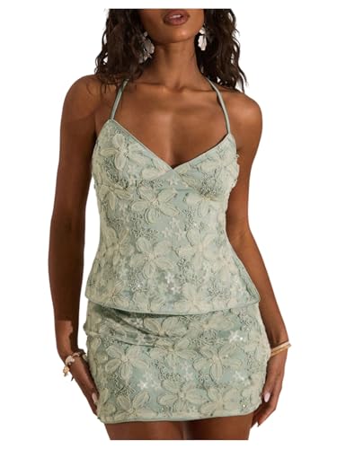 SHENHE Women's Embroidered Sequin Sparkly Halter Top Backless Criss Cross Tie Back Rave Tank Tops