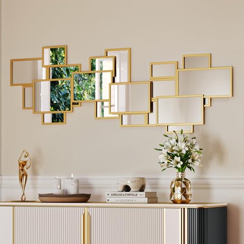 Image of Uniclinens Gold Wall Mirror Decor - Large Modern Wall Art Mirror Deco for Living Room, Boho Glam Wall Mirror for Dining Room, Entryway, Hallway, Bedroom,51 inchX19 inch