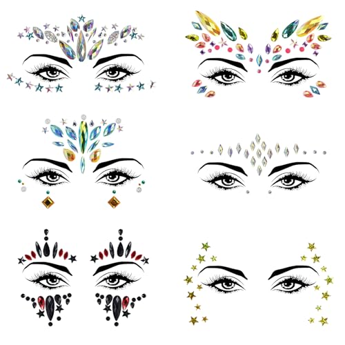 Sularpek 6 Juegos Cara Gemas Brillo, Face Gems Stickers, Brillantes para la Cara, Tatuajes Temporales Pegatinas, Joyas de Diamantes de Imitación para Ojos, Fiestas, Espectáculos y Maquillaje