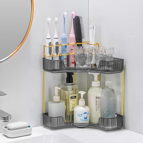 50% Off Upgraded 2-Tier Corner Bathroom Organizer with Brush Holder