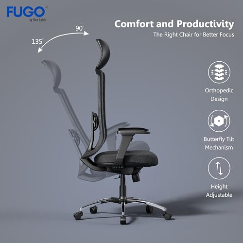 Image of FUGO FG410 High-Back Ergonomic Office Chair-Executive Computer Chair with Adjustable Headrest, Armrests, Lumbar Support, Breathable Mesh, 360 Swivel, Recline Function, and Heavy-Duty Base (Black)