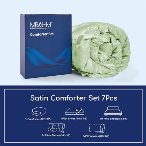 MR&HM Satin Comforter King 7 Pieces - Luxurious Pinch Pleat Bedding Set with Comforter, Flat Sheet, Fitted Sheet, Pillowcases & Shams, Super Silky Soft Bed Set for All Season (King, Light Sage)