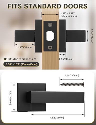 Image of Tinewa 8 Pack Square Black Door Handles Interior, No Lock Passage Door Lever for Left or Right Handing, Heavy Duty Matte Black Closet Door Handle Sets