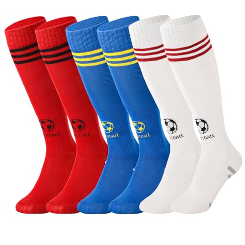 Utensilsto 3 Paar Fußballsocken Kinder 33-37 Sportsocken Lange Fußball Socken Atmungsaktiv Fußballstutzen für Jungen Mädchen Rutschfeste Trainingssocken für Fußball Laufen Basketball(Weiß+Blau+Rot)