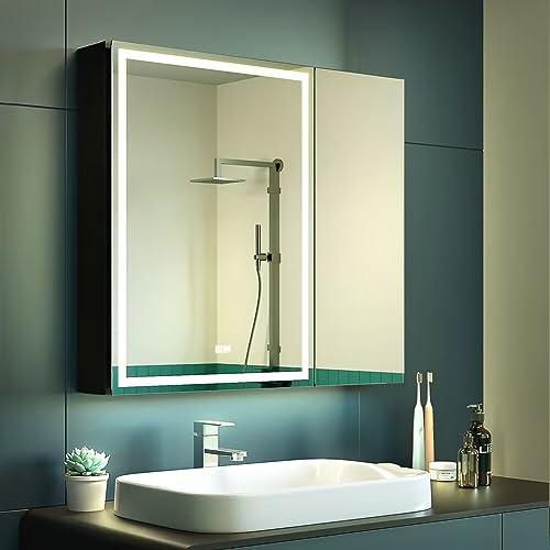 KWW 75 x 70 cm Double Doors LED Lighted Bathroom Medicine Cabinet with Mirror, Defogger, Dimmer, 3 Color Light Makeup Mirror, Outlets & USBs, Easy to Install, Wall Mounted Medicine Cabinet