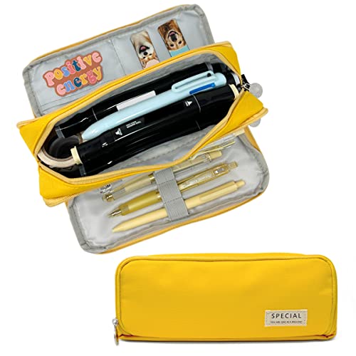 allydrew Large Capacity Pencil Case, 3 Compartment Pencil Pouch for Stationery Pens, Yellow