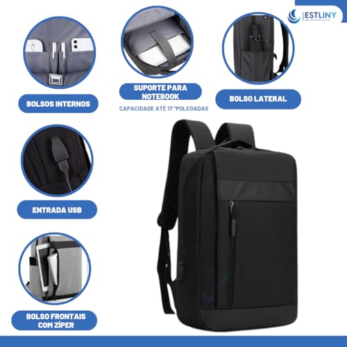 Mochila Masculina para Notebook Reforçada Escolar Trabalho Viagem Executiva com Saídas USB Unissex (