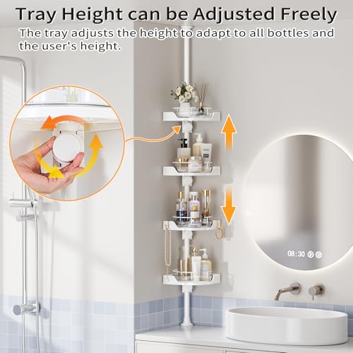 Image of 360 Rotating Corner Shower Caddy Tension Pole Organizer (White) | 4-Tier rotating shelves with hooks, adjustable tray height, upgraded rustproof metal pole, removable trays for shower storage