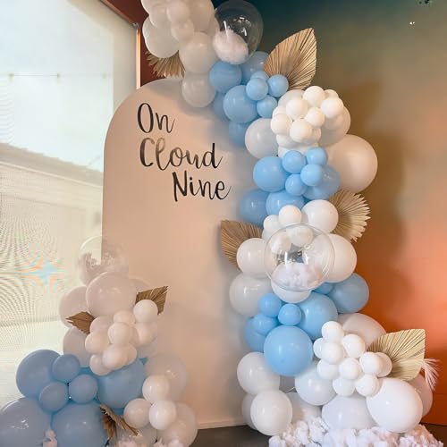 Image of Pastel Blue White Balloons Garland Arch Kit, 104PCS Double Stuffed Pearl White Balloons, Light Baby Blue Clear Balloon for Bridal Shower Baby Birthday Bachelorette Wedding Engagement Party Decorations