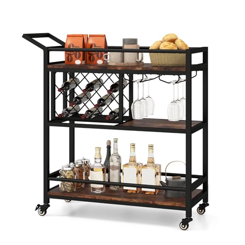GOPLUS Carro de Servicio de 3 Niveles con Soportes para Vasos de Pie, Armario Industrial para Vino, Carro de Bebidas Rodante para Cocina Comedor Sala de Estar (Marrón Rústico)