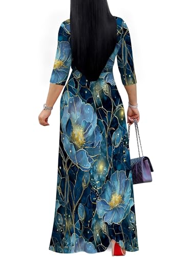 Image of Plus Size Dresses for Women Floral Print Maxi Dress Flowy 3 /4 Sleeve with Belt