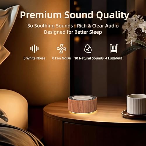 Image of Kipcush White Noise Machine for Baby & Adults, 30 Soothing Sounds, Soft Non-Glare Nursery Lamp, 8 Color Night Lights, Memory Function (Angel V5 Wooden, Standard)