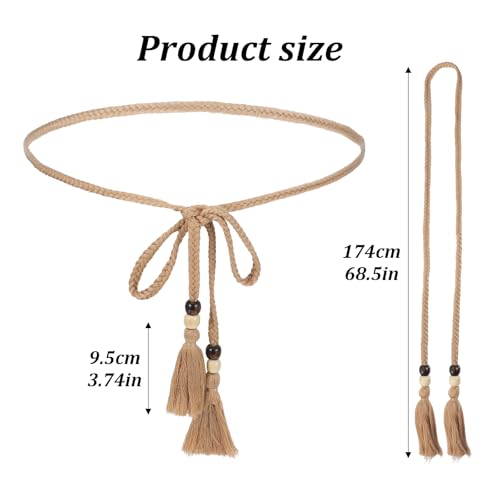 2PCS Rope Belt Women,Vintage Woven Tie Belts for Women, with Tassels and Wooden Beads, Bohemian Belt, for Dresses, Overalls, Skirts, Shorts, Jumpsuits2