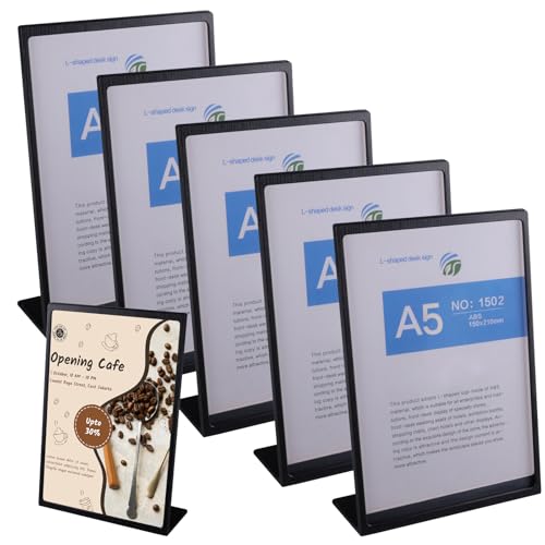 YunBey Expositor A5-L, estante de plástico ABS, tarjeta expositiva de alimentos, menu holder de mesa. Ideal para restaurantes, tiendas, escuelas, oficinas (24 × 17 CM, 6 unidades,negro)