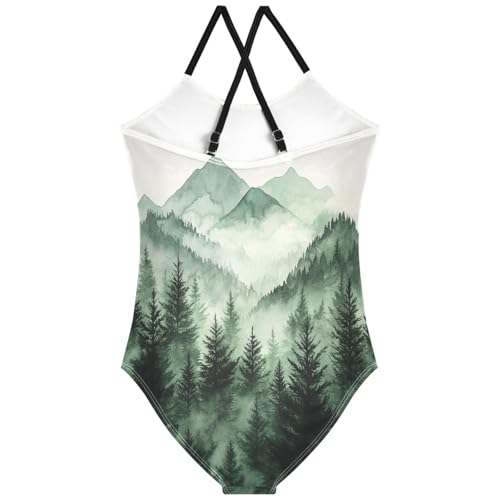 Pigsaly Girls One Piece Swimsuits Evergreen Forest Mountain Kids Cross Back Swimwear Toddler Beach Sport Bathing Suit 3T2