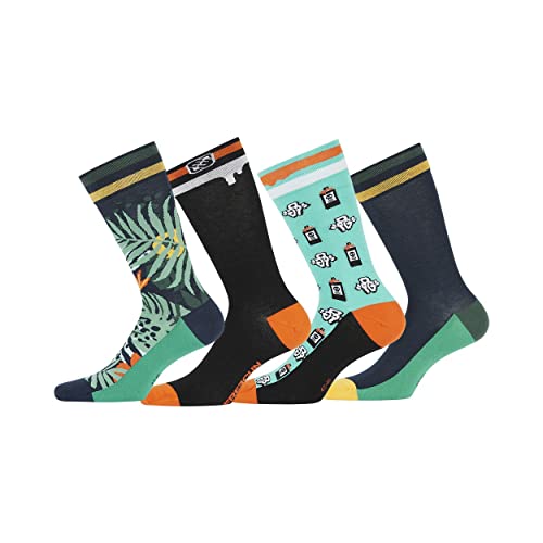 FREEGUN Chaussette Homme Fantaisie - Lot de 4 - Chaussettes Hautes Homme, Respirantes & Confortables, Bleu, Noir, Vert, Taille 39/42