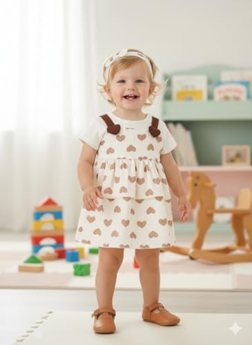 Image of A.T.U.N. (ALL THINGS UBER NICE) Baby Girls 100% Cotton Pinafore Dress with Inner Look Top | Cute Heart Print Design | Soft Touch Flared Fit | Comfortable Stylish Outfit for Babies