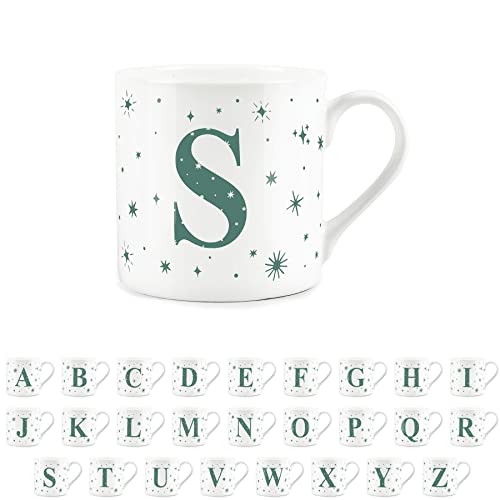Purely Home Letter S Star Mug - Bone China White Coffee/Tea Present Gift - Alphabet Letter Mug with Stars in Teal Green Blue