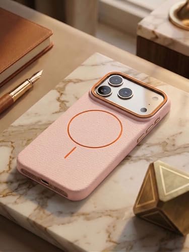 Image of amazon basics Luxury MagSafe Compatible Leather Texture Back Cover for iPhone 17 Pro Max | Raised Camera Protection | Slim Fit Shockproof Case with Metallic Accents (Pink)