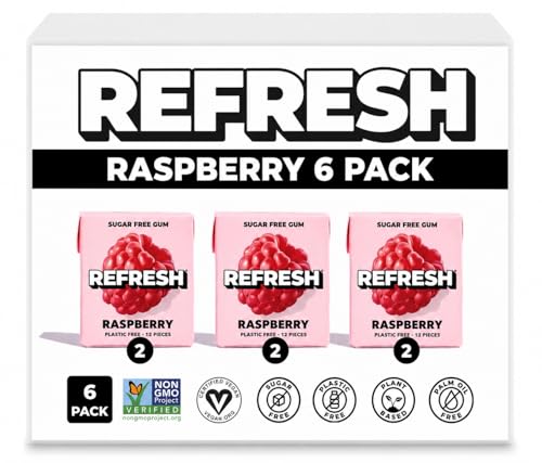 Image of Refresh Plant Based Gum, Sugar Free, Xylitol, 12 Pcs, 6 Pack (Raspberry)