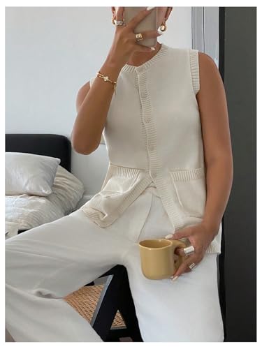 Verdusa Women's Button Front Sweater Vest Split Hem Round Neck Sleeveless Knit Tops with Pockets4