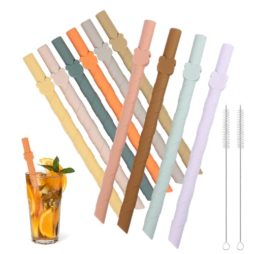 10 Piezas Pajitas Reutilizables Ecológico,10mm Pajitas Silicona, Pajitas Silicona Sin BPA Niños con 2 Cepillos de Limpieza para Apto para Bebidas Frías, Zumos, Yogures y Cócteles