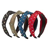 4-Pack Twisted Knot Headbands with Jewel Rhinestones with Brass Bezel Settings, 6.5 Inch Jeweled Headband for Women and Girls in 4 Colors (Red, Blue, Olive, Black)