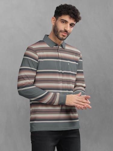 Image of BULLMER Striped Textured Printed Polo Neck Fullsleeve T-Shirt with Rib for Men
