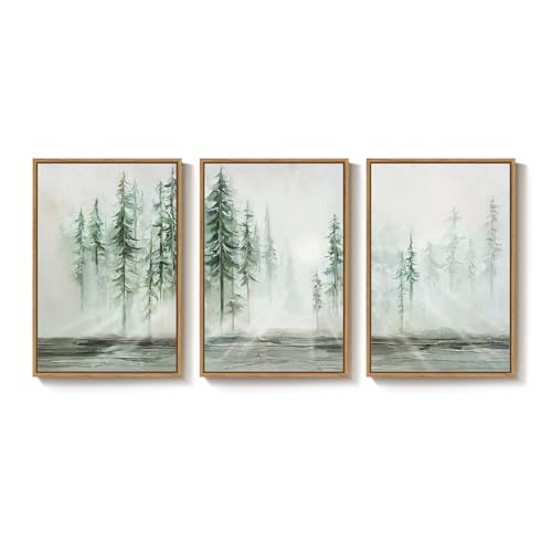Forêt nordique moderne en lot de 3 toiles murales abstraites vertes pour sublimer votre intérieur