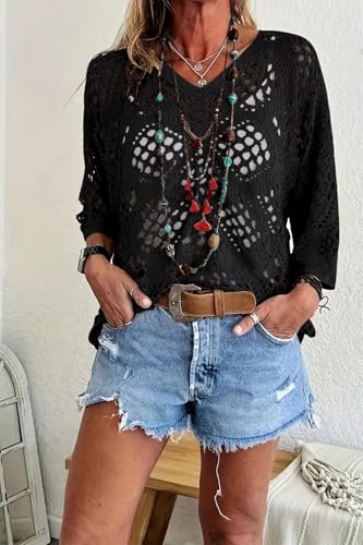 Allimy Womens Summer Crochet Long Sleeve Sexy Tops Sweaters for Women 2025 Beach Cover ups Cruise Outfits3
