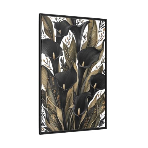 Tableau Calla Lily Noir et Or encadré pour salon de 80x120 cm