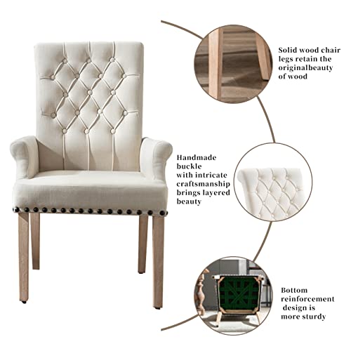 Restworld Fabric Arm Dining Chair,Tufted Upholstered High Back Nailed Trim With Untique Oak Wood Legs For Kitchen Restaurant Room Bedroom, White #TOP3