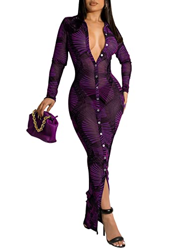 Image of Women's Sheer Mesh Long Sleeve Bodycon Midi Dress Club Night Out Dresses Beach Cover Up Dress