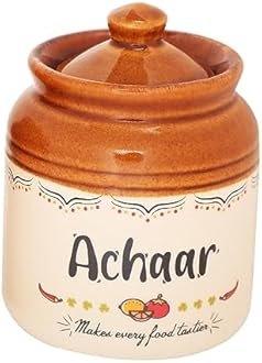 EK DO DHAI (DEVICE) Ek Do Dhai Ceramic Pickle Jar | Elegant Jars For Pickles | Containers With Lids | Convenient For Dining Table | Martbaan Stoneware Printed | 1 Piece | 300 Ml 10 Oz, Multicolor